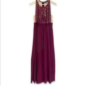 Lulu's Forever and Always Burgundy Floral Lace Maxi Dress Round Neck